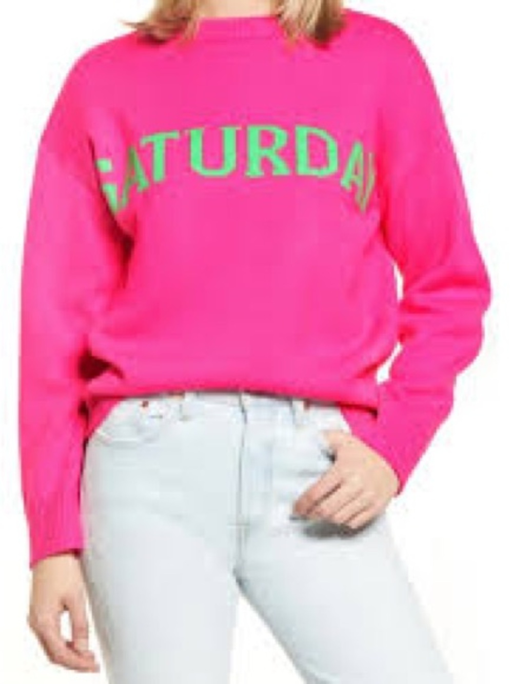 English Factory Hot Pink Crewneck Sweater with Green Lettering